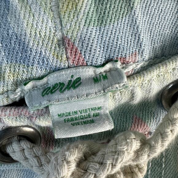 Aerie Denim Shorts Women M Pastel Blue Tropical Floral Elastic Waist Drawstring - Picture 7 of 7